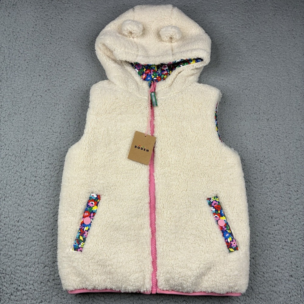 Mini Boden Girls Reversible Floral Fleece Vest Full Zip High Pile NWT
